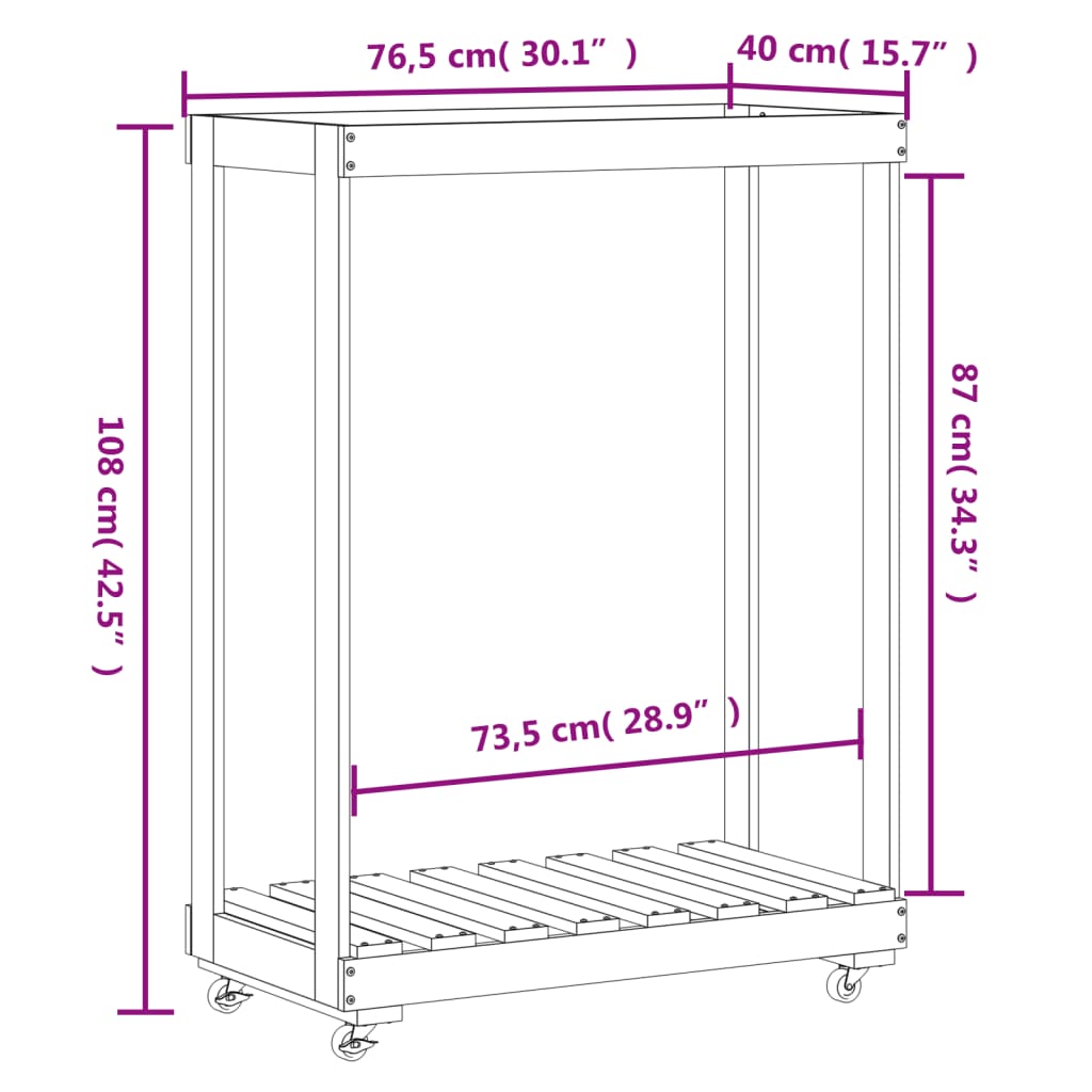 Fehér tömör fenyőfa rönktároló kerekekkel 76,5 x 40 x 108 cm 9