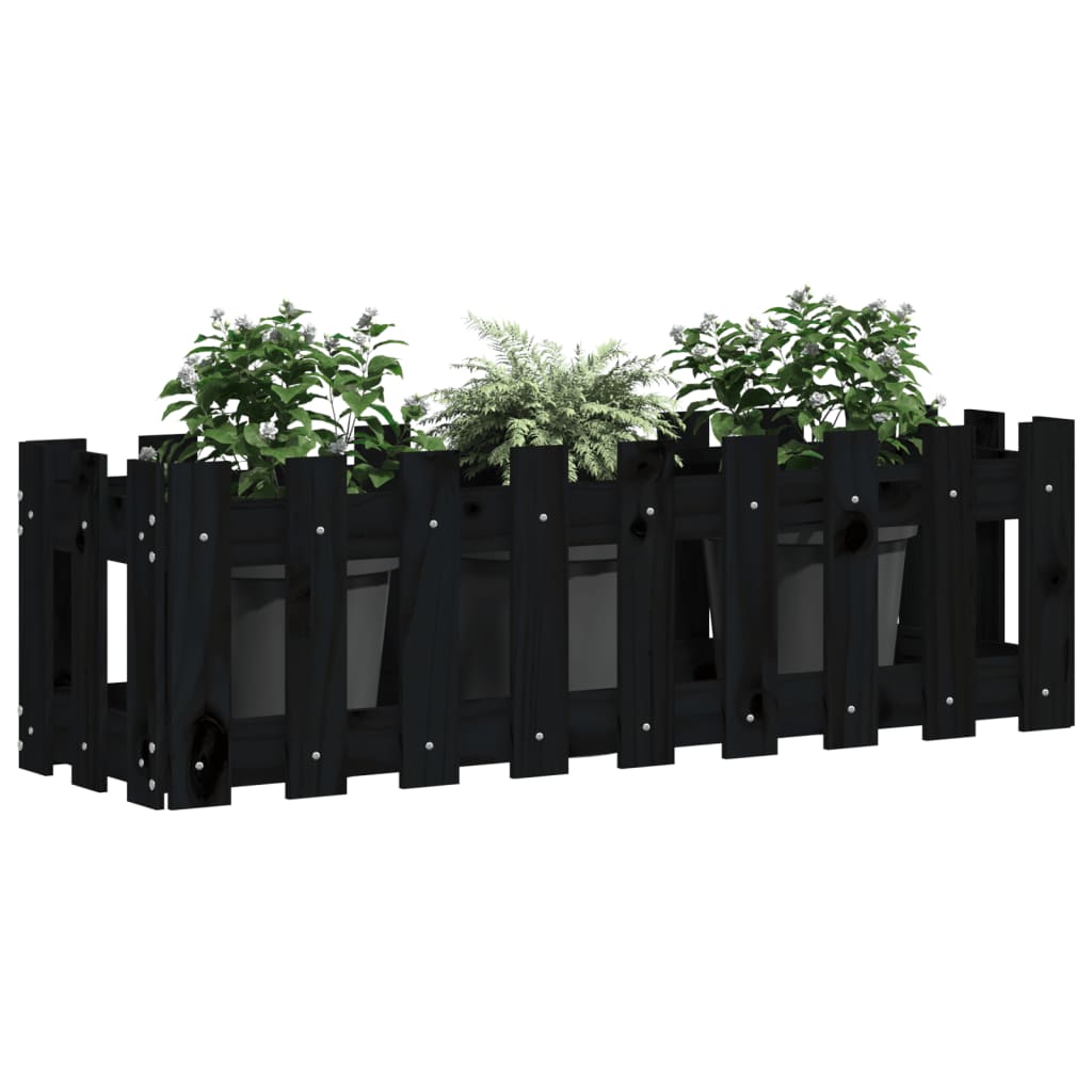 Fekete tömör fenyőfa kerti magaságyás kerítéssel 100x30x30 cm 3