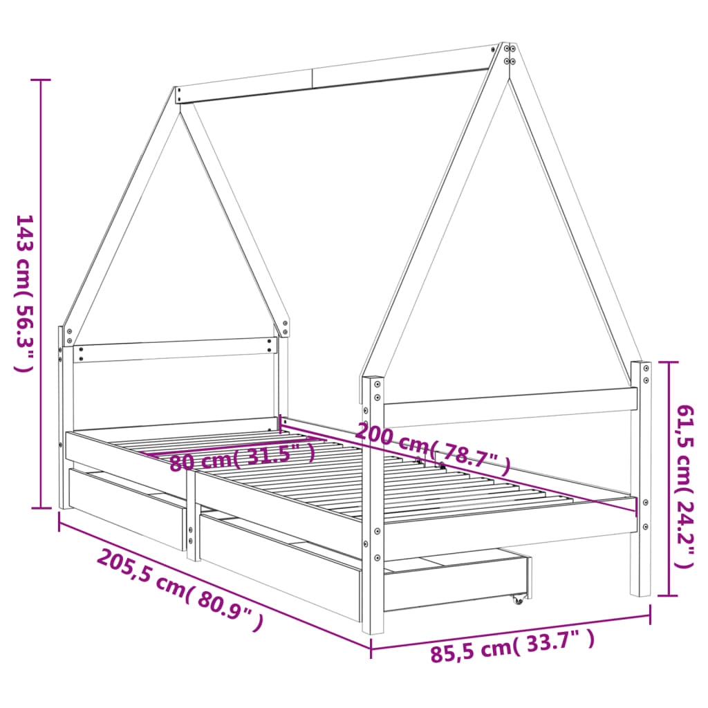 Fehér tömör fenyőfa gyerekágykeret fiókokkal 80 x 200 cm 10