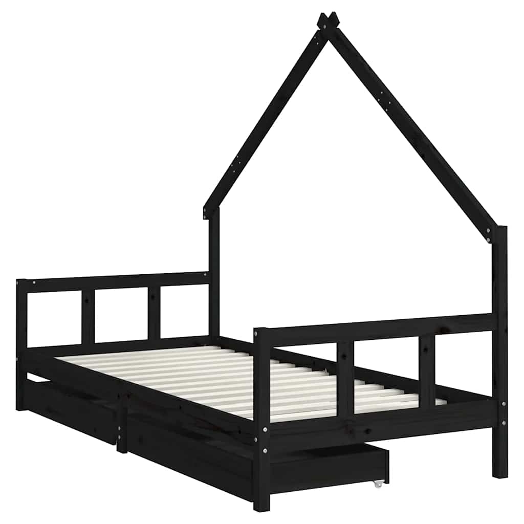 Fekete tömör fenyőfa gyerekágykeret fiókokkal 90 x 200 cm 3