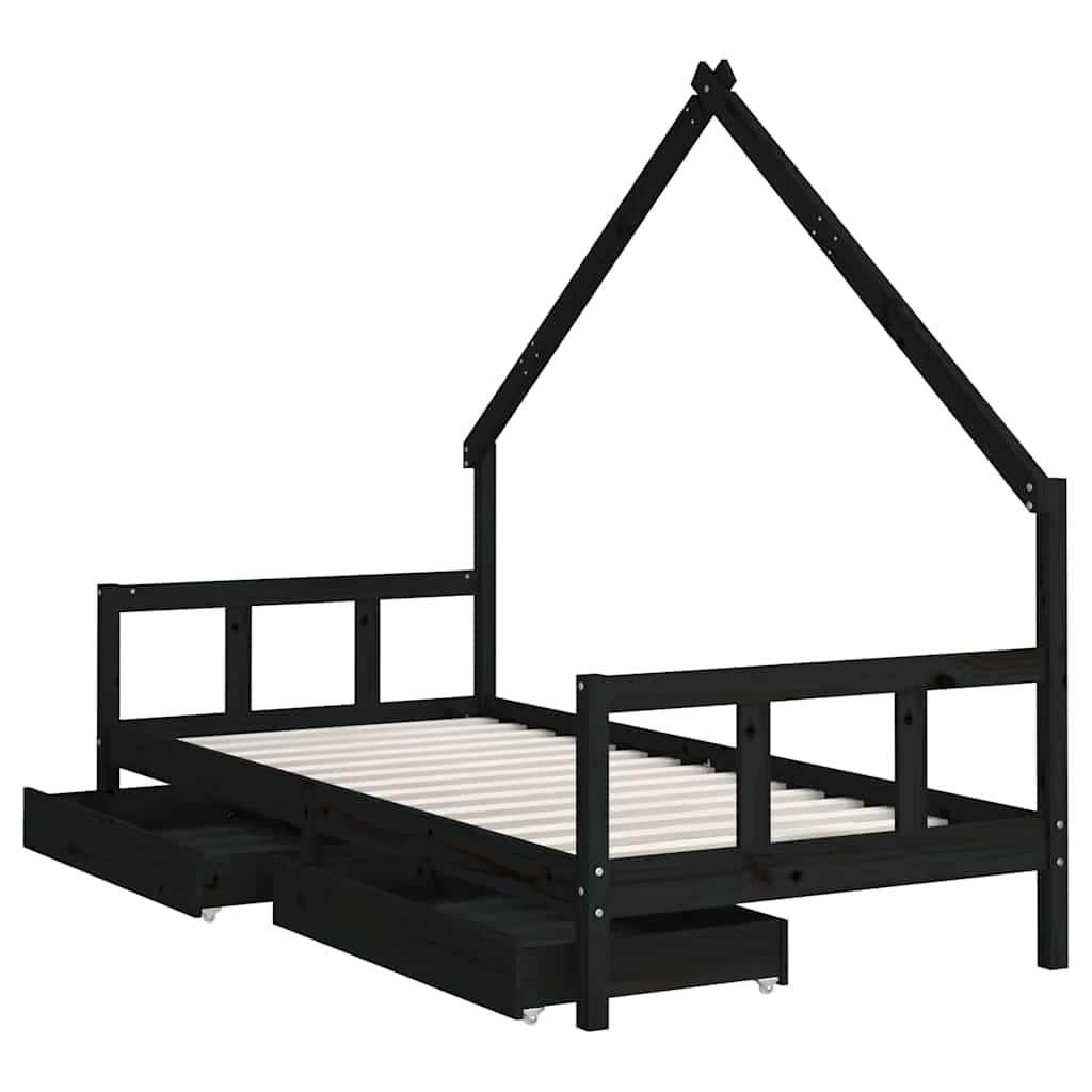 Fekete tömör fenyőfa gyerekágykeret fiókokkal 90 x 200 cm 4