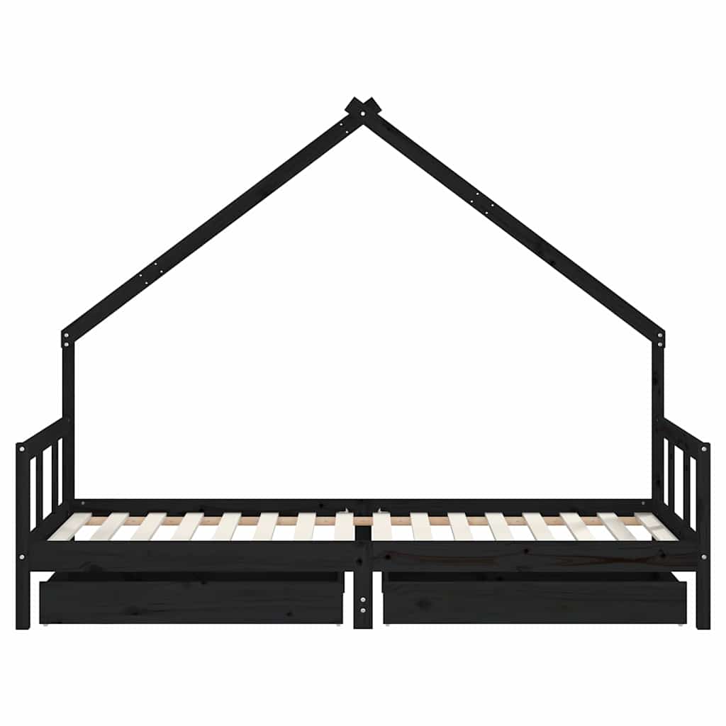Fekete tömör fenyőfa gyerekágykeret fiókokkal 90 x 200 cm 5