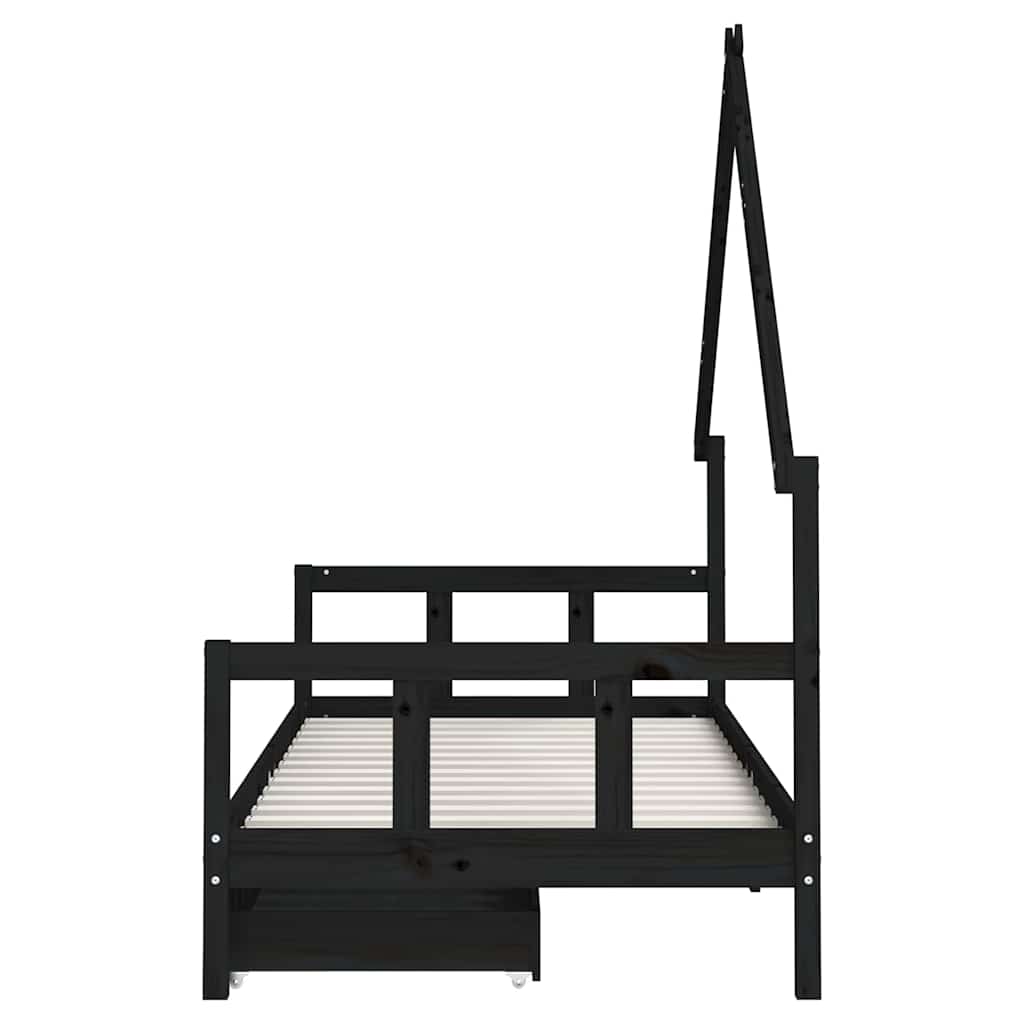 Fekete tömör fenyőfa gyerekágykeret fiókokkal 90 x 200 cm 6