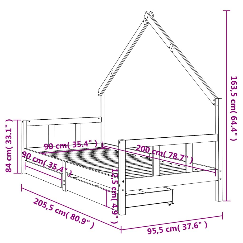 Fekete tömör fenyőfa gyerekágykeret fiókokkal 90 x 200 cm 10
