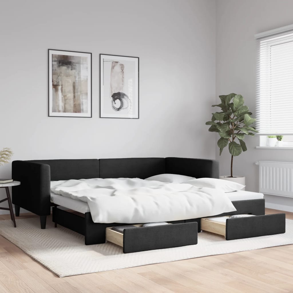 Fekete kihúzható szövet heverő fiókokkal 100 x 200 cm