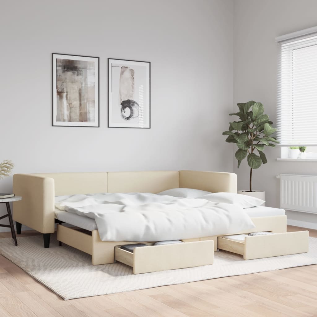 Krémszínű kihúzható szövet heverő fiókkal 100x200 cm