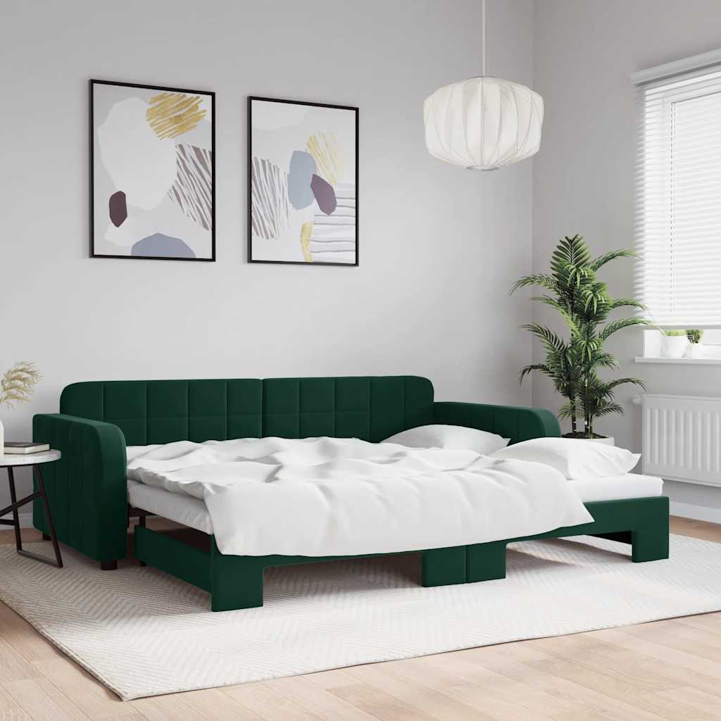Sötétzöld kihúzható bársony heverő 90 x 200 cm