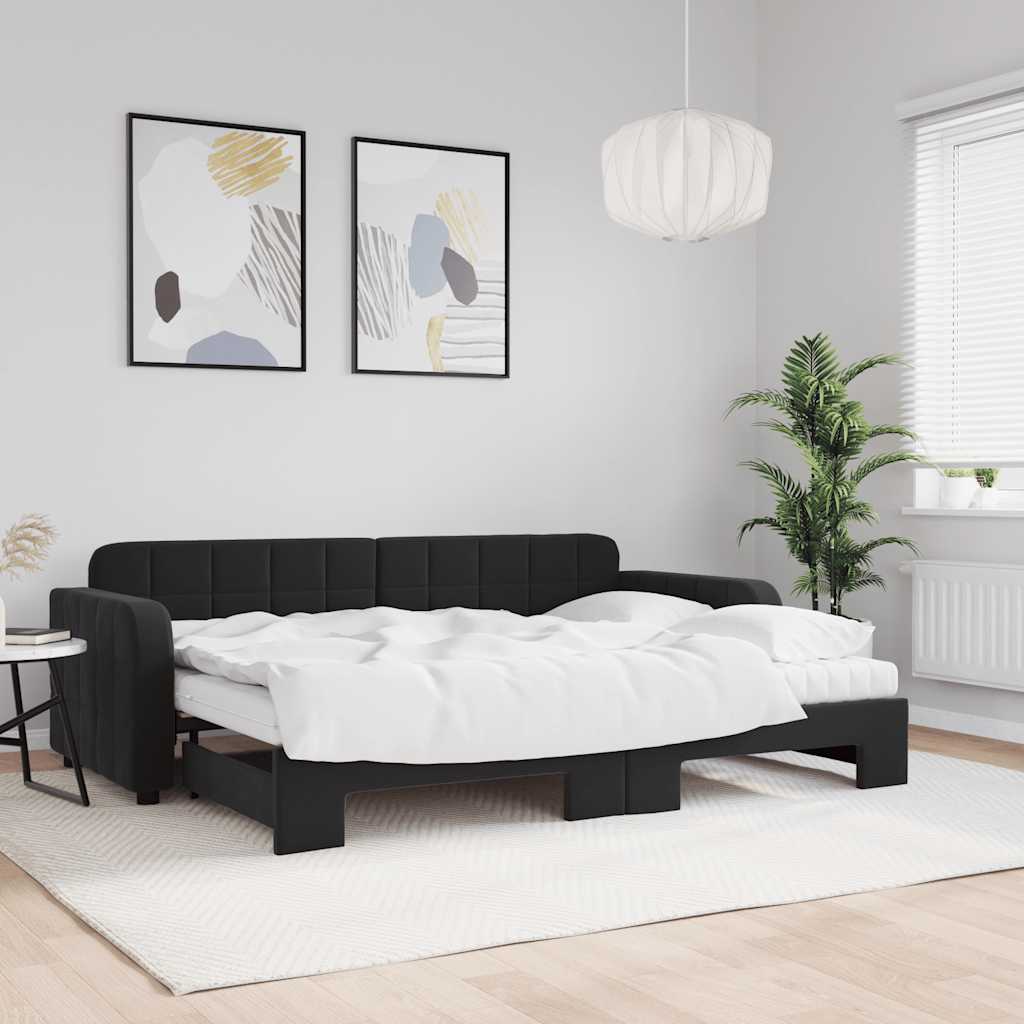Fekete kihúzható bársony heverő matraccal 80 x 200 cm