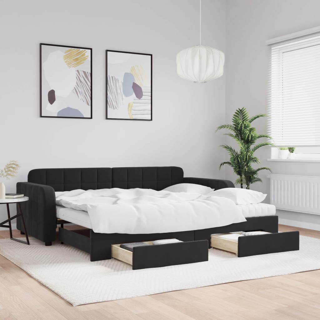 Fekete kihúzható bársony heverő fiókkal 90 x 200 cm