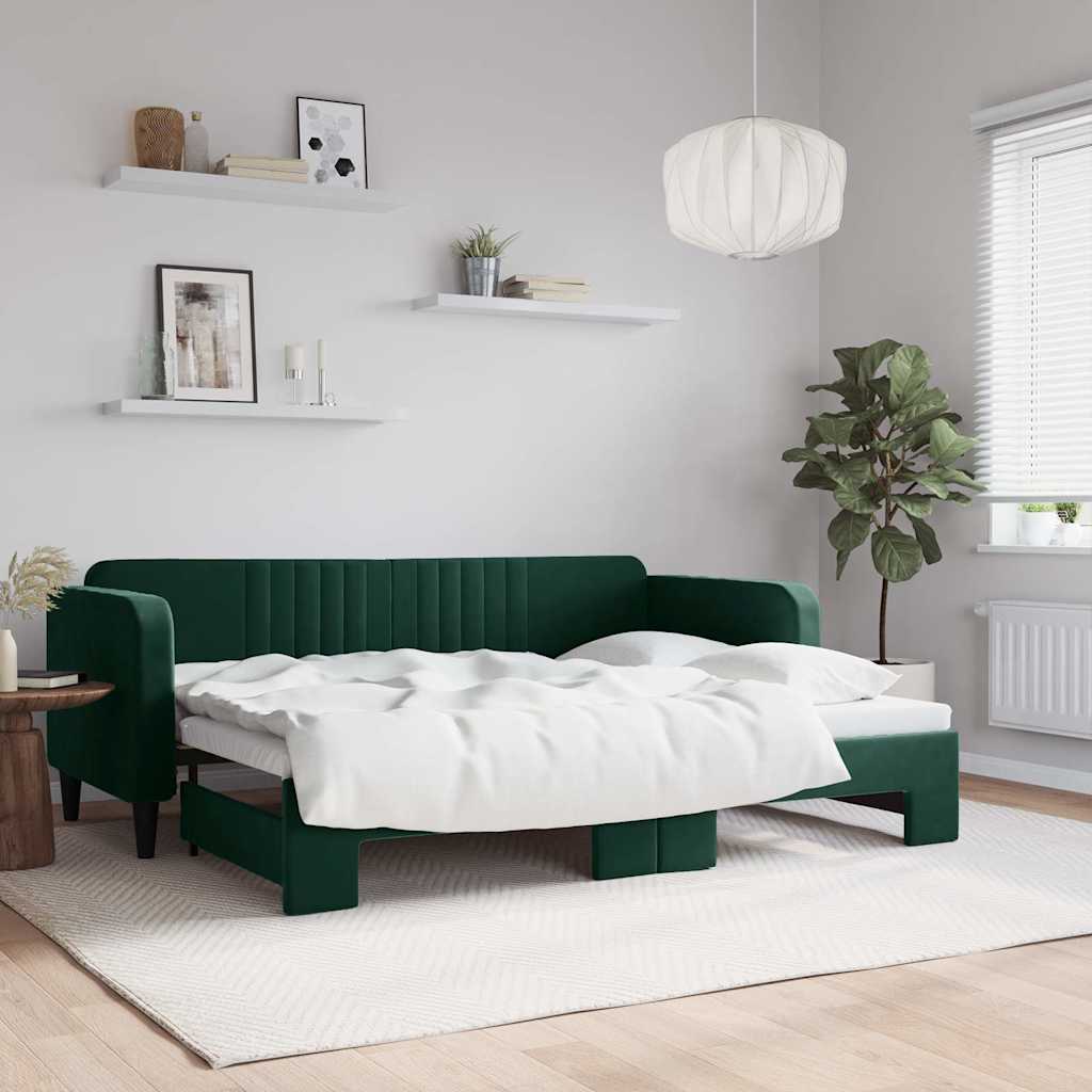 Sötétzöld kihúzható bársony heverő 80 x 200 cm