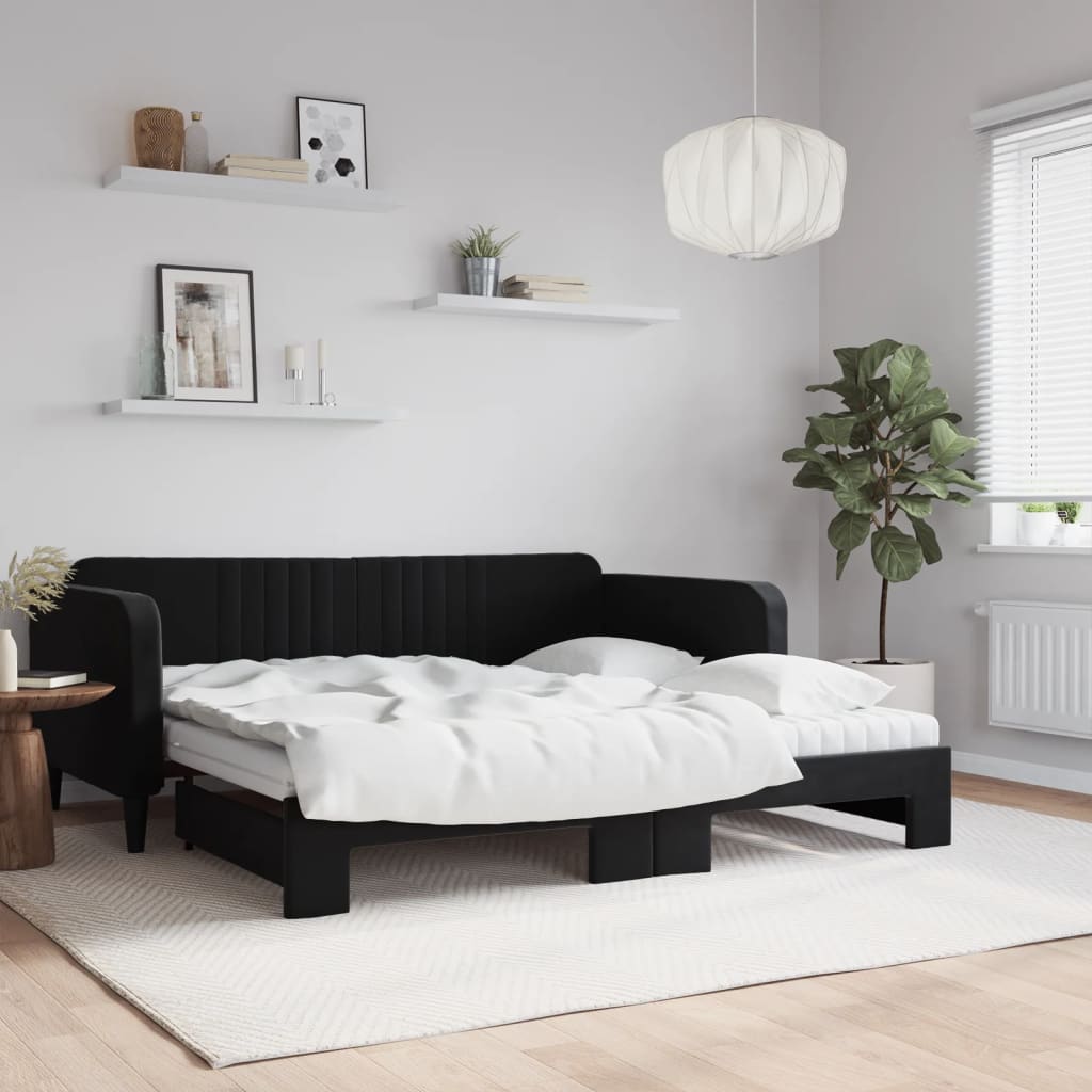 Fekete kihúzható bársony heverő matracokkal 90 x 190 cm
