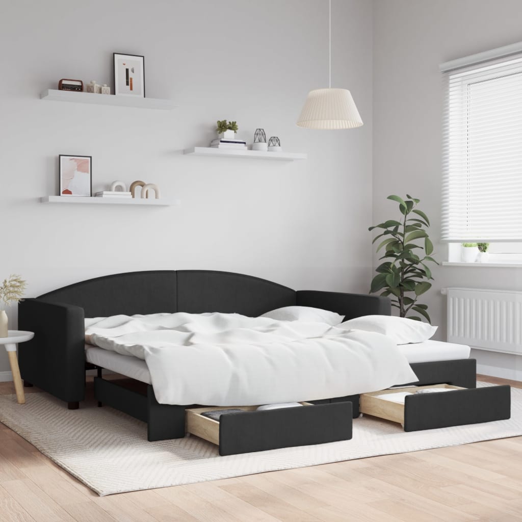Fekete kihúzható szövet heverő fiókokkal 100 x 200 cm