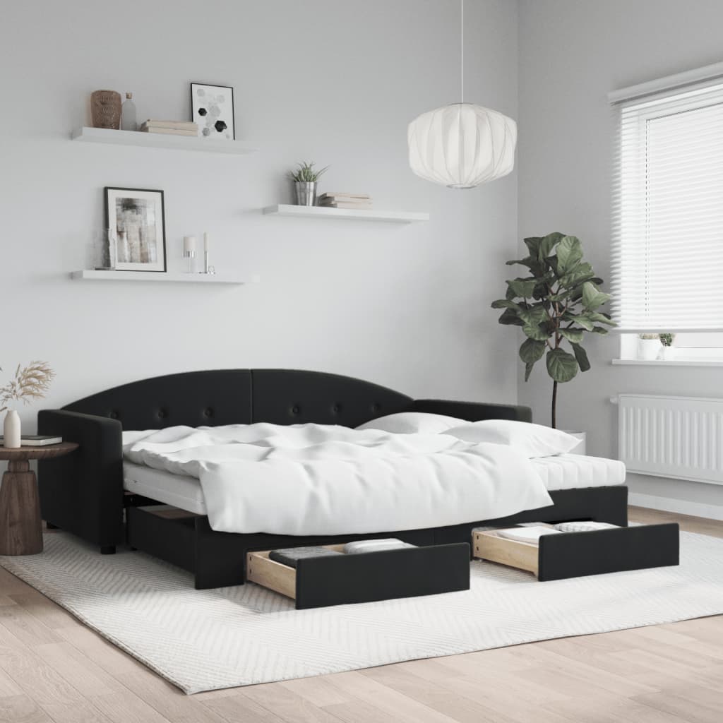Fekete kihúzható bársony heverő fiókkal 90 x 190 cm