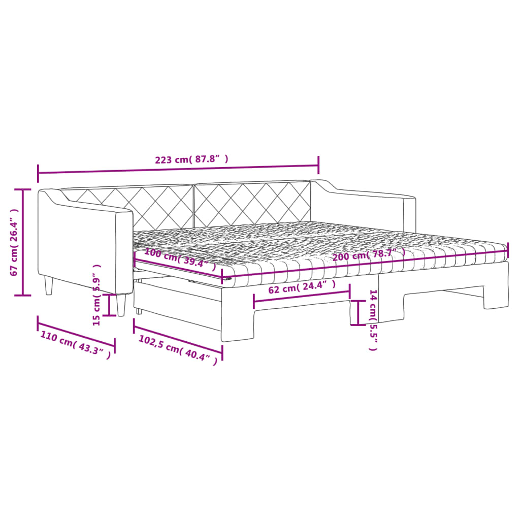 Fekete kihúzható szövet heverő matracokkal 100 x 200 cm 12