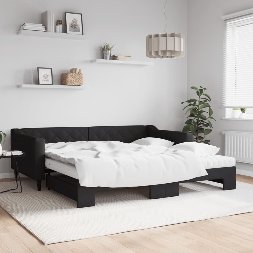 Fekete kihúzható szövet heverő matracokkal 100 x 200 cm