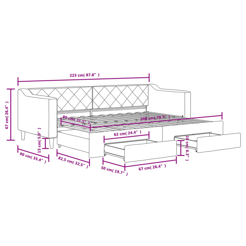 Sötétszürke kihúzható szövet heverő fiókokkal 80 x 200 cm 12