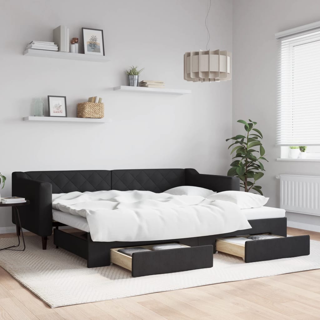 Fekete kihúzható szövet heverő fiókokkal 90 x 200 cm