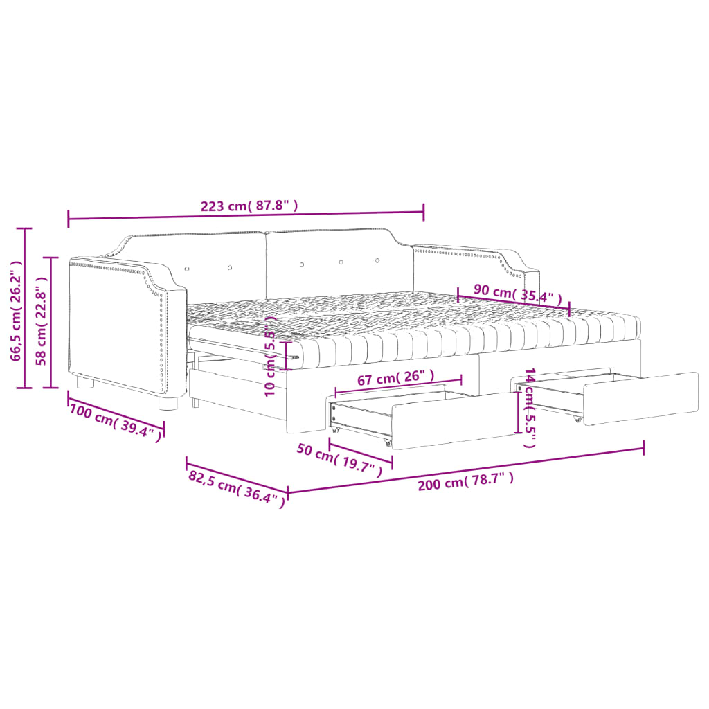 Fekete kihúzható szövet heverő fiókokkal 90 x 200 cm 13