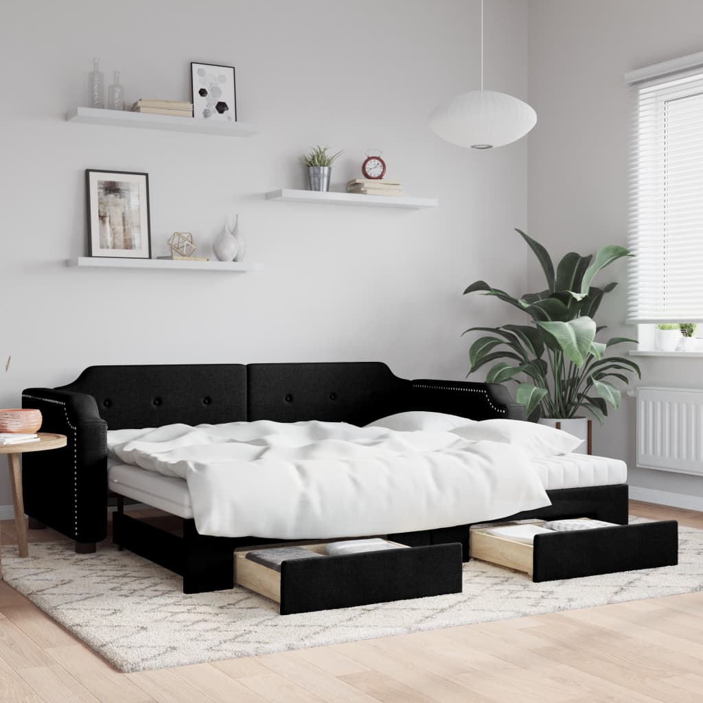 Fekete kihúzható szövet heverő fiókokkal 90 x 200 cm