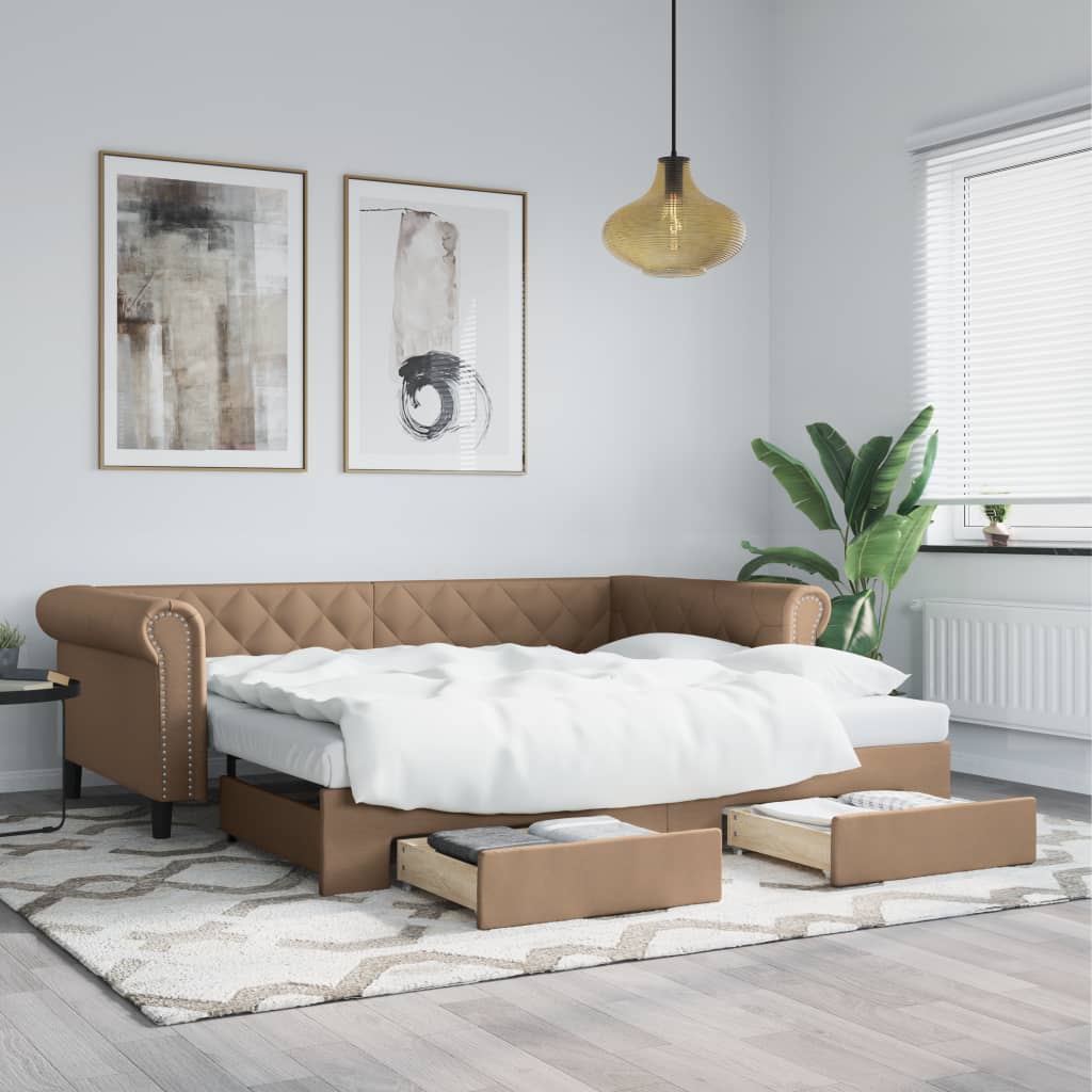 Cappuccino színű kihúzható műbőr heverő fiókkal 90 x 200 cm