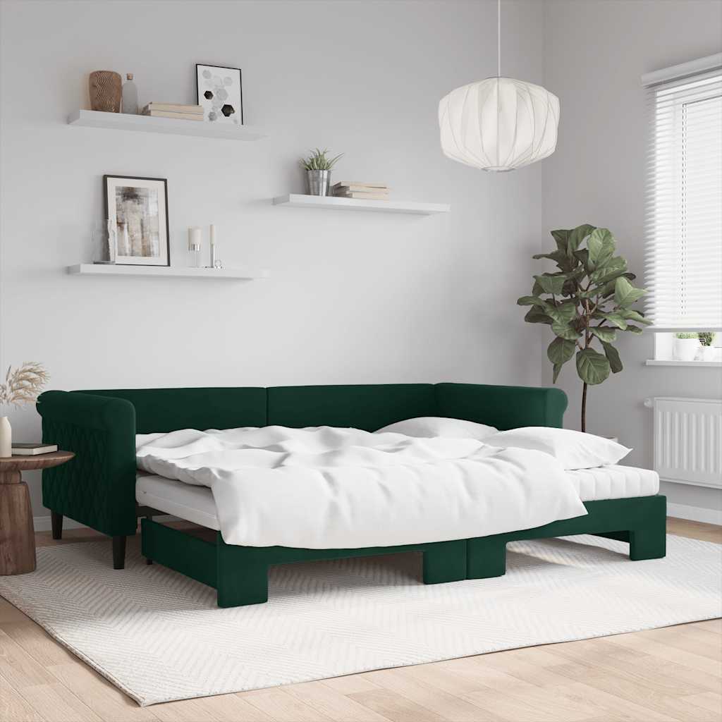 Sötétzöld kihúzható bársony heverő matraccal 90 x 200 cm