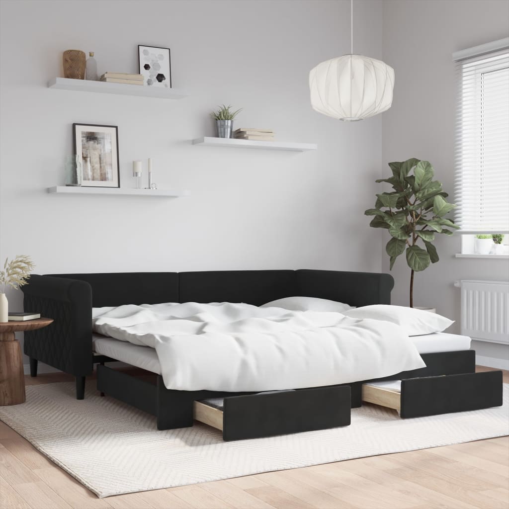 Fekete kihúzható bársony heverő fiókkal 100 x 200 cm
