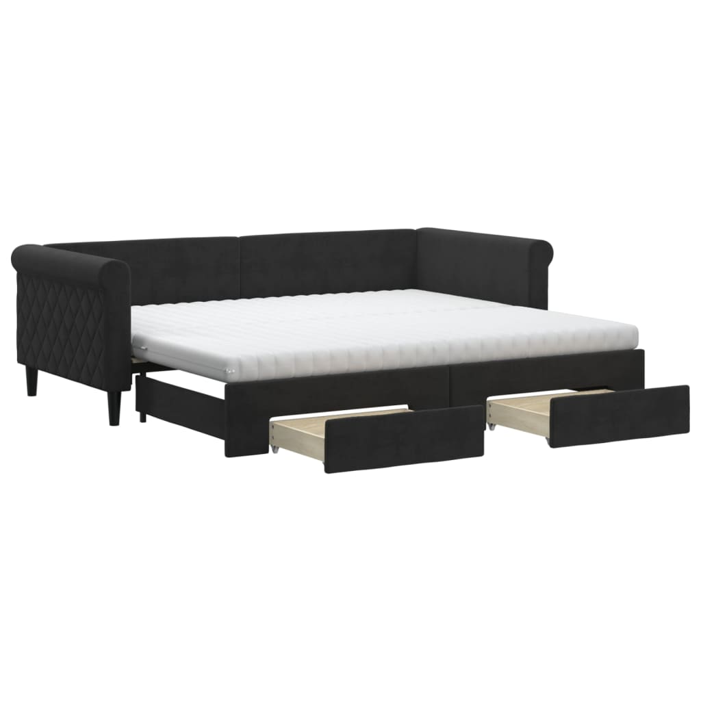 Fekete kihúzható bársony heverő fiókkal 90 x 200 cm 2