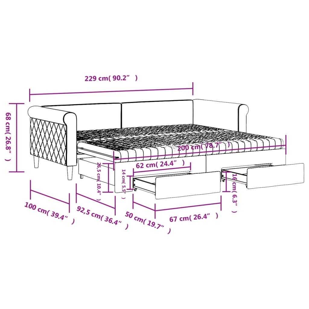 Fekete kihúzható bársony heverő fiókkal 90 x 200 cm 13