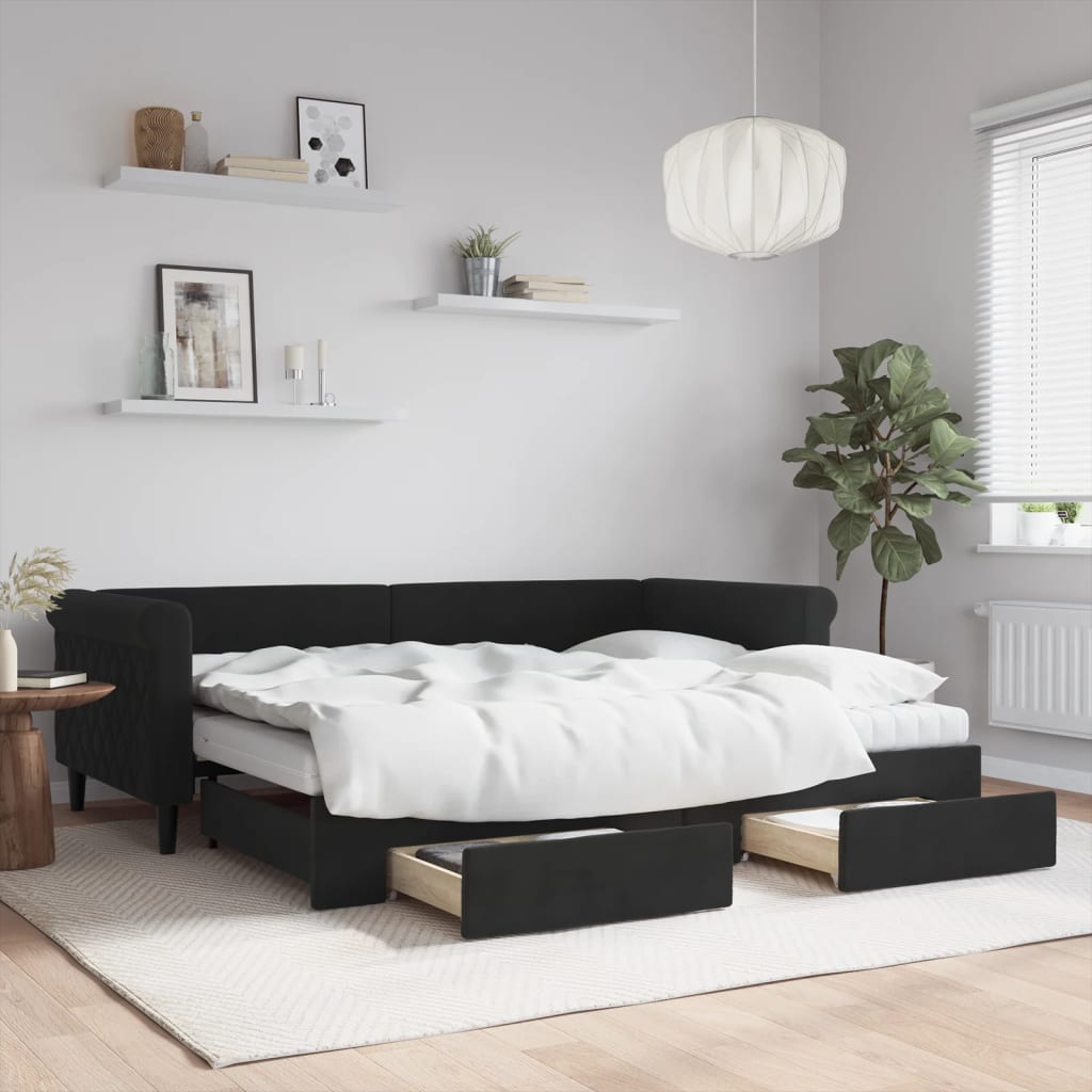 Fekete kihúzható bársony heverő fiókkal 90 x 200 cm