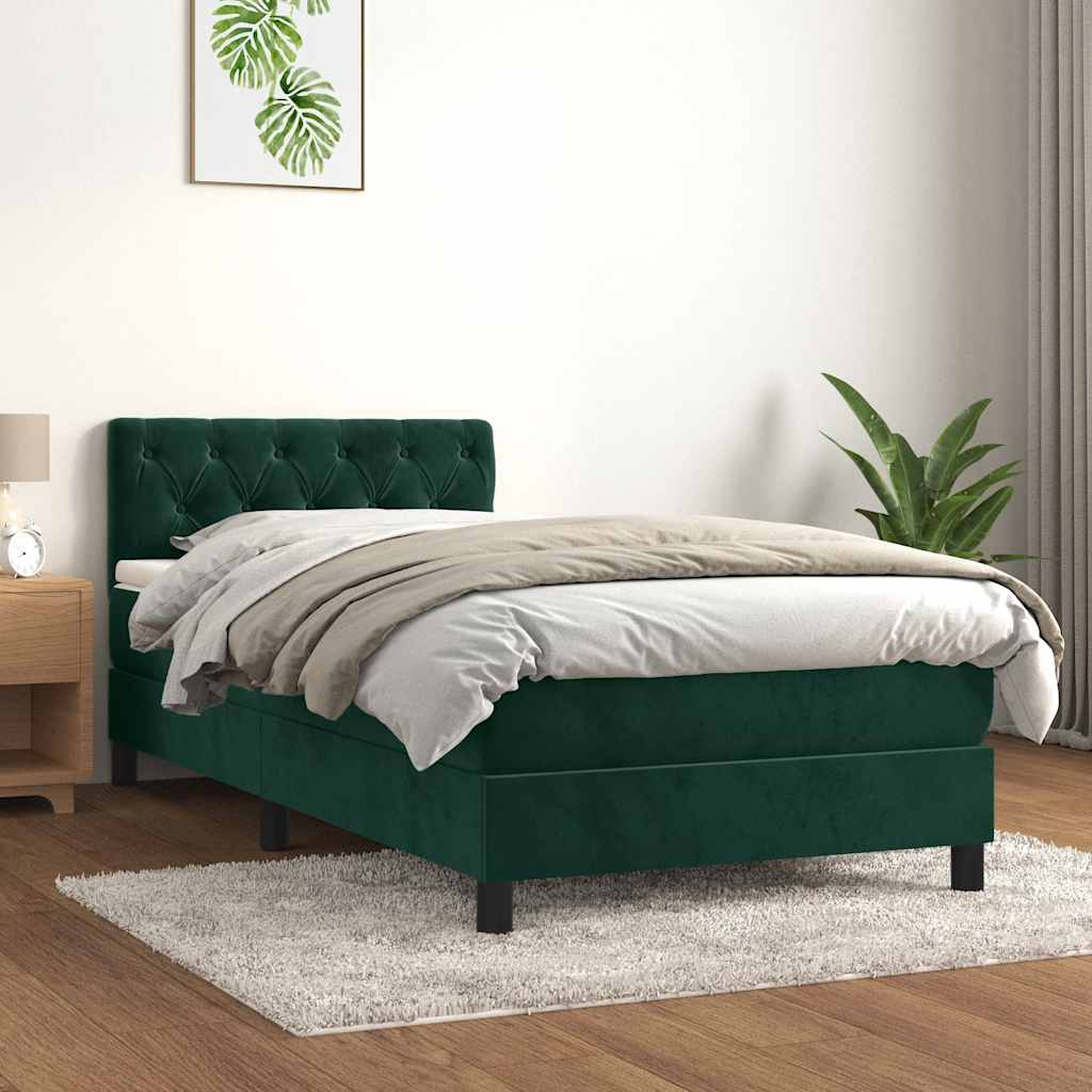 Sötétzöld bársony rugós ágy matraccal 90 x 200 cm