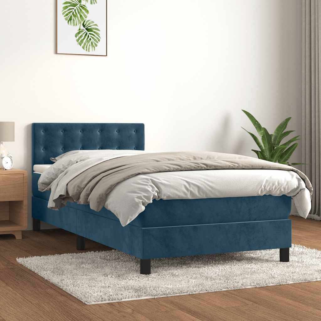Sötétkék bársony rugós ágy matraccal 90x190 cm