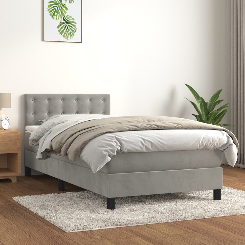 Világosszürke bársony rugós ágy matraccal 100 x 200 cm