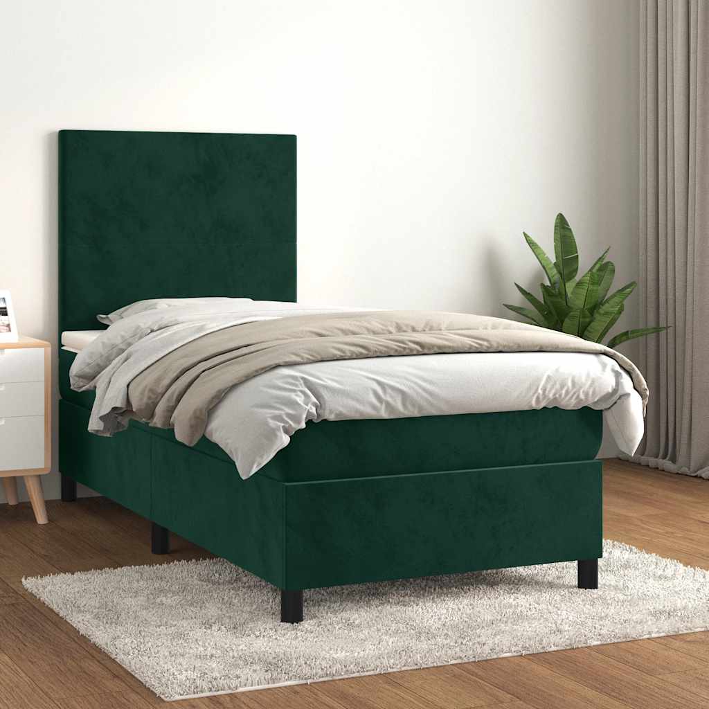 Sötétzöld bársony rugós ágy matraccal 90 x 200 cm