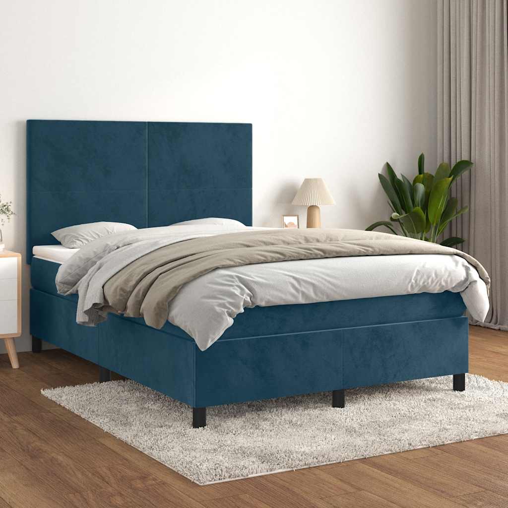 Sötétkék bársony rugós ágy matraccal 140x190 cm