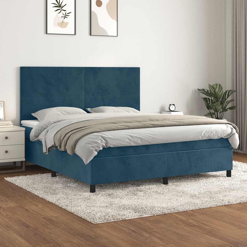 Sötétkék bársony rugós ágy matraccal 160x200 cm