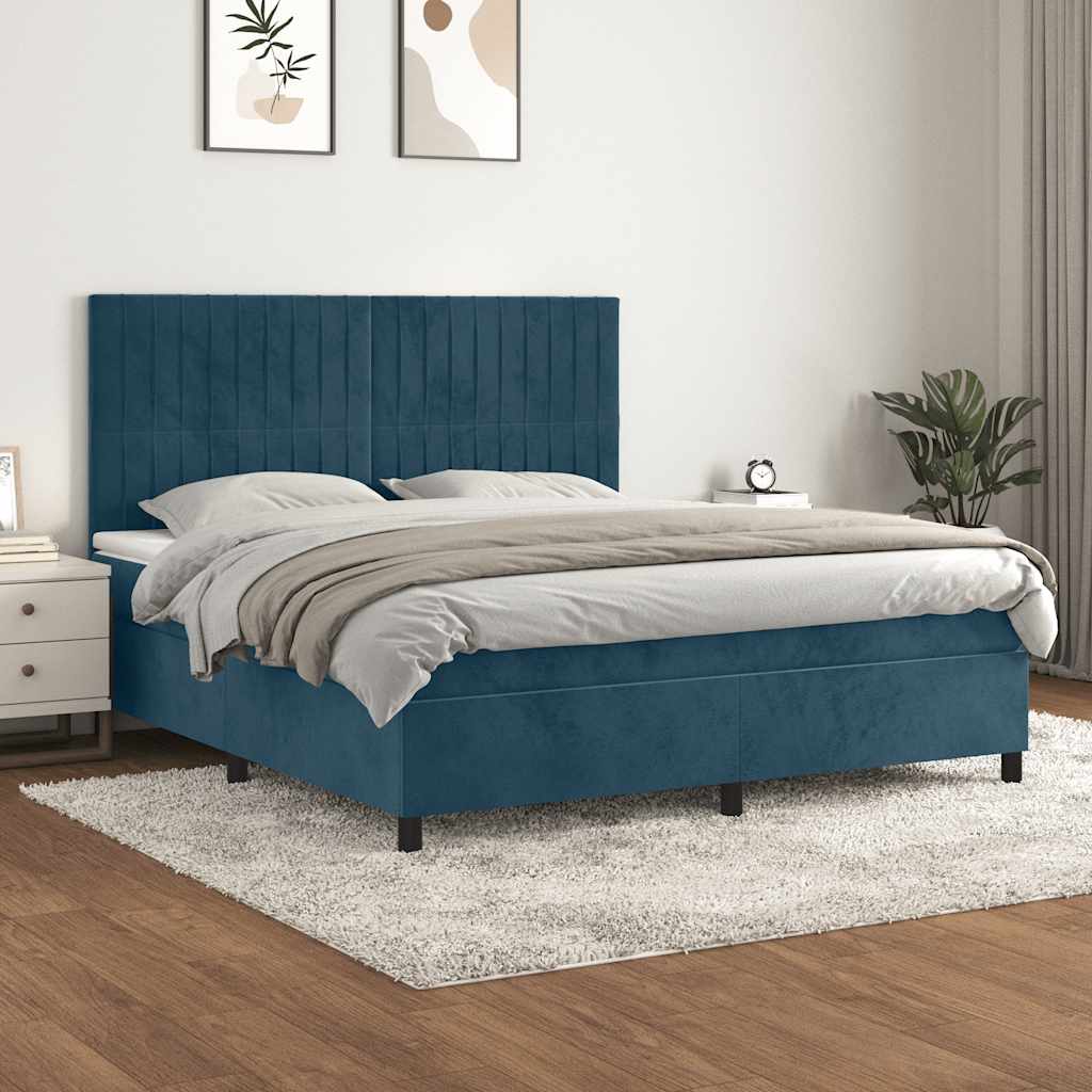 Sötétkék bársony rugós ágy matraccal 160x200 cm