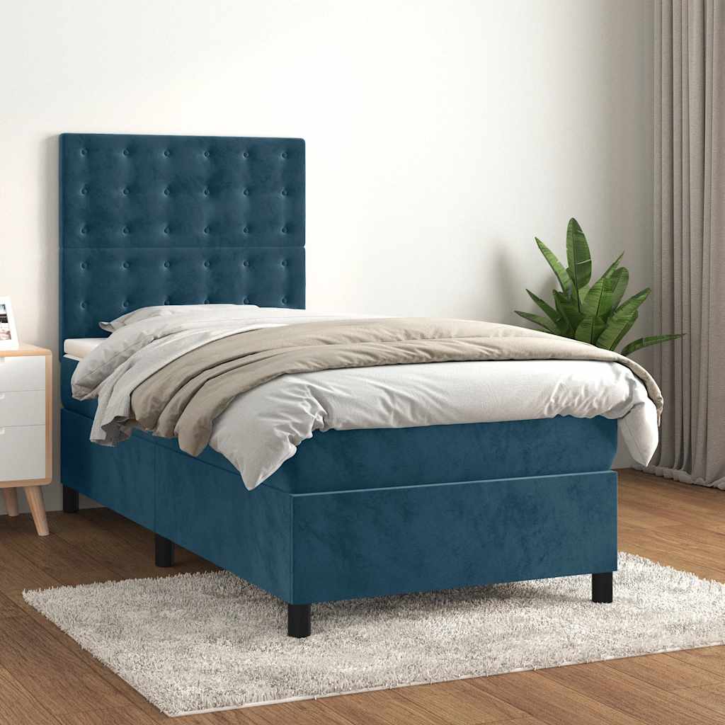 Sötétkék bársony rugós ágy matraccal 100 x 200 cm