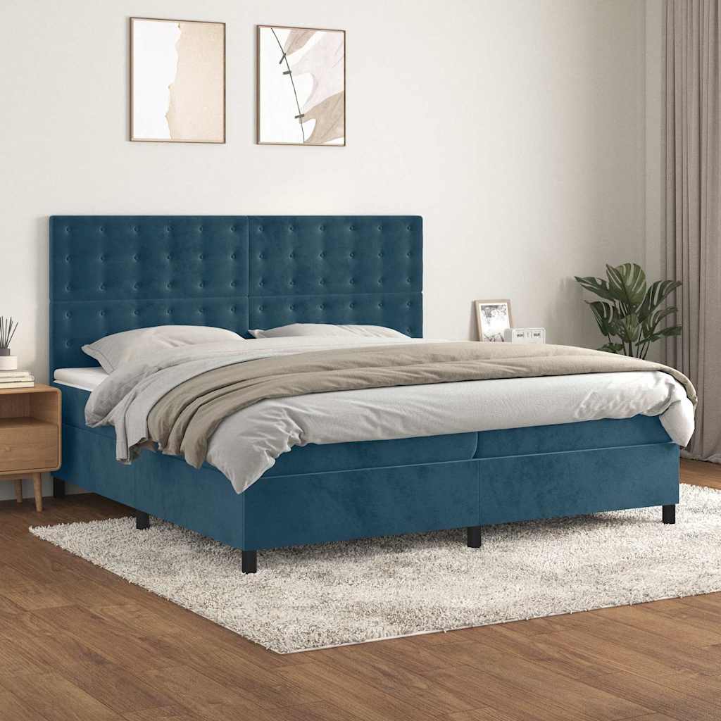 Sötétkék bársony rugós ágy matraccal 200x200 cm