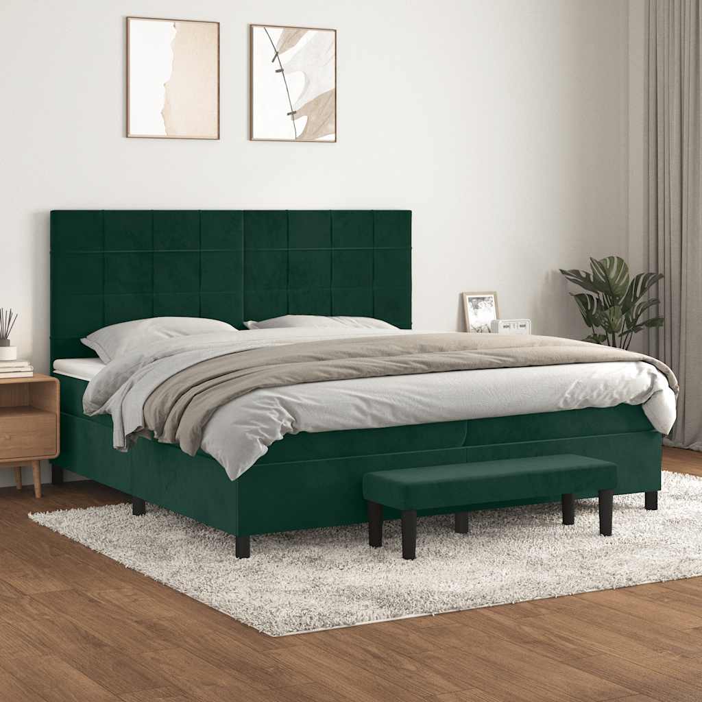 Sötétzöld bársony rugós ágy matraccal 200x200 cm