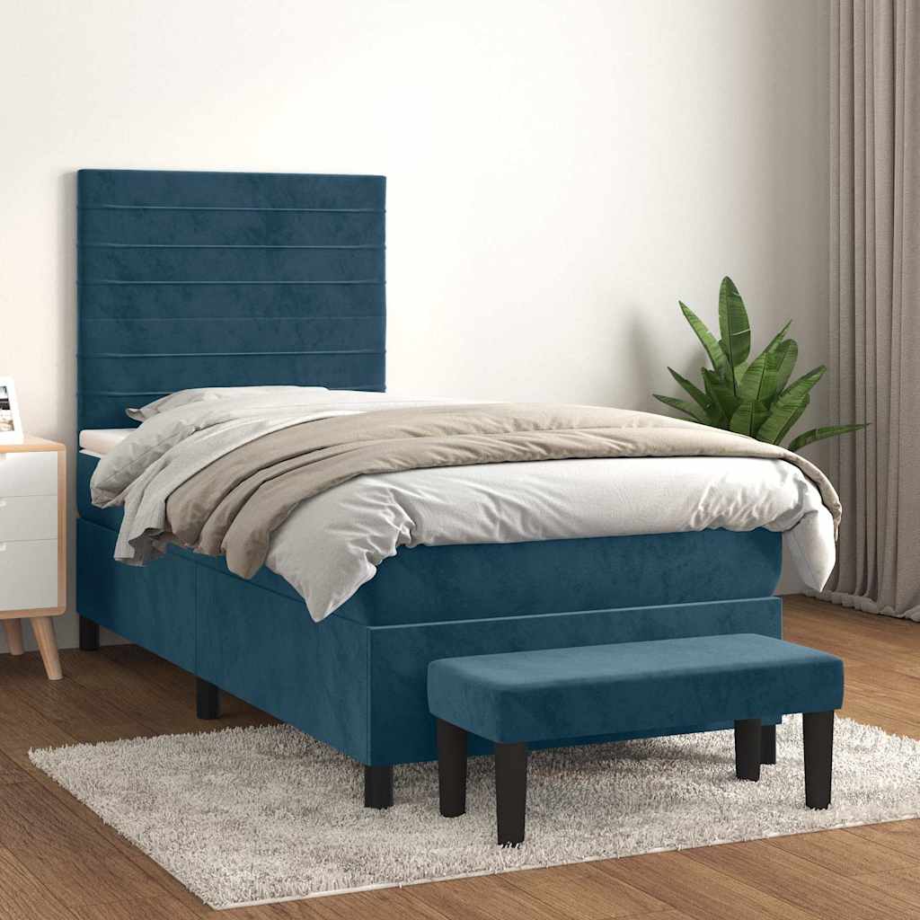 Sötétkék bársony rugós ágy matraccal 90 x 200 cm