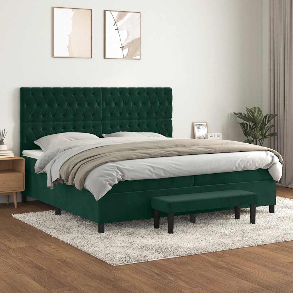 Sötétzöld bársony rugós ágy matraccal 200x200 cm