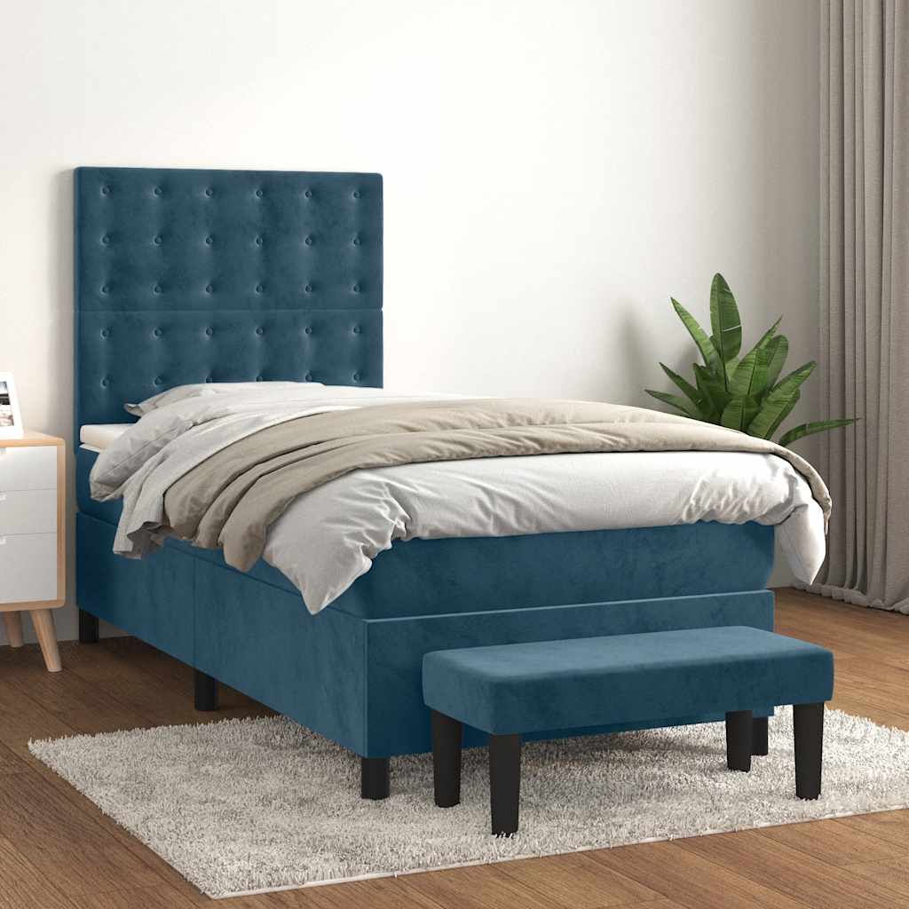 Sötétkék bársony rugós ágy matraccal 90 x 200 cm