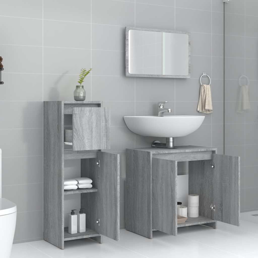 3 részes szürke sonoma színű szerelt fa fürdőszobai bútorszett 3
