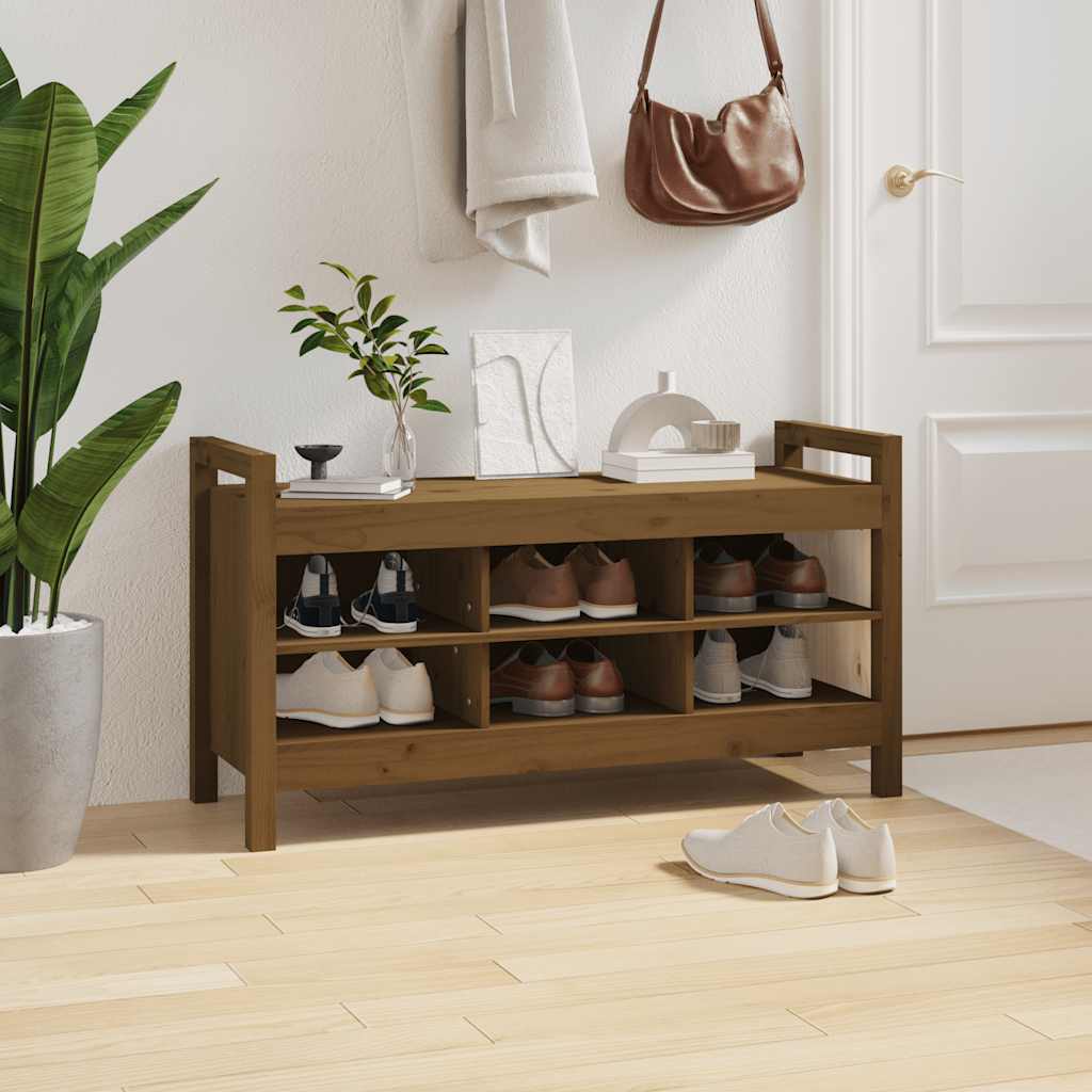 Mézbarna tömör fenyőfa előszoba pad 110 x 40 x 60 cm 5