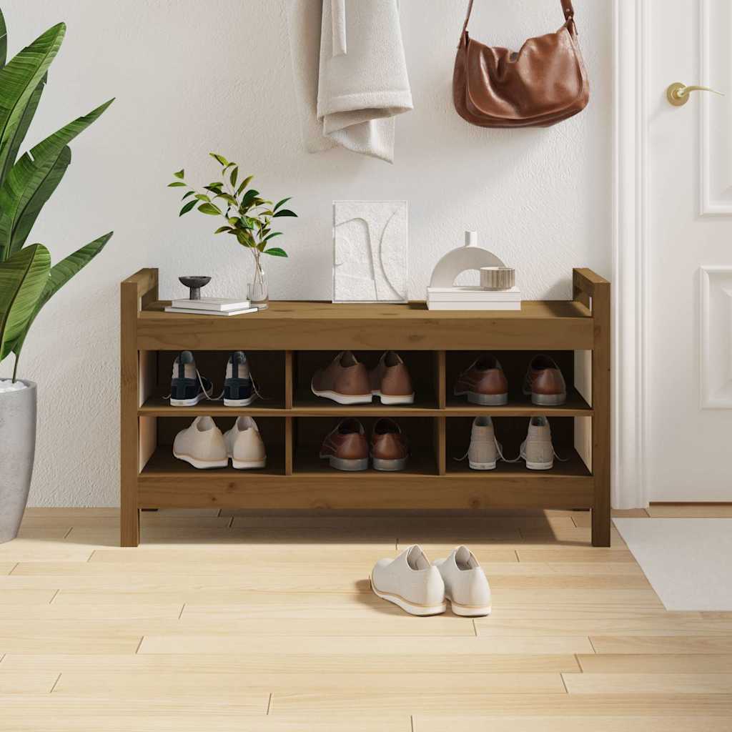 Mézbarna tömör fenyőfa előszoba pad 110 x 40 x 60 cm