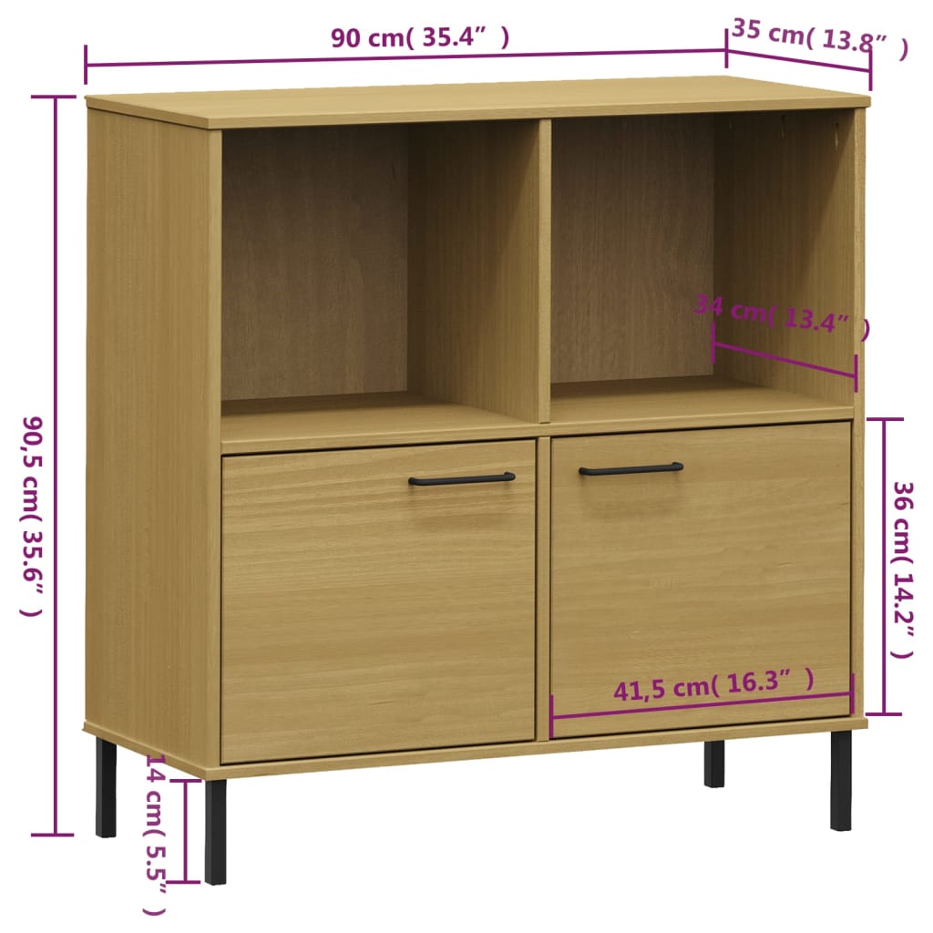 OSLO barna tömör fa könyvszekrény fém lábakkal 90x35x90,5 cm 8