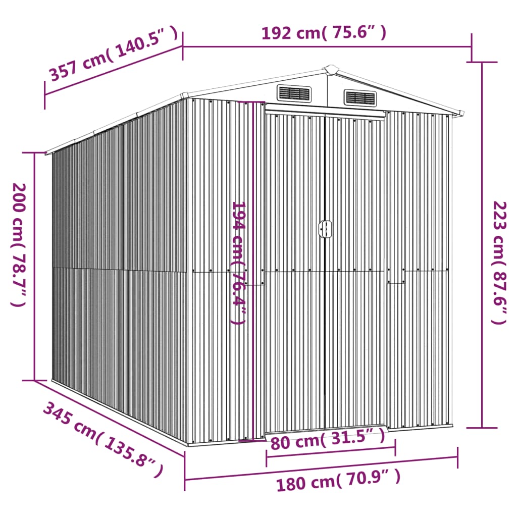 Sötétbarna horganyzott acél kerti fészer 192 x 357 x 223 cm 8