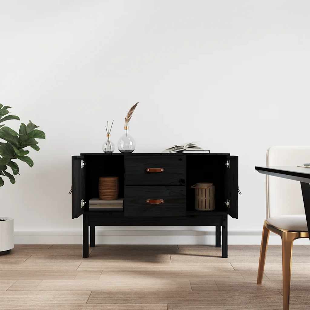 Fekete tömör fenyőfa tálalószekrény 110 x 40 x 78 cm 3