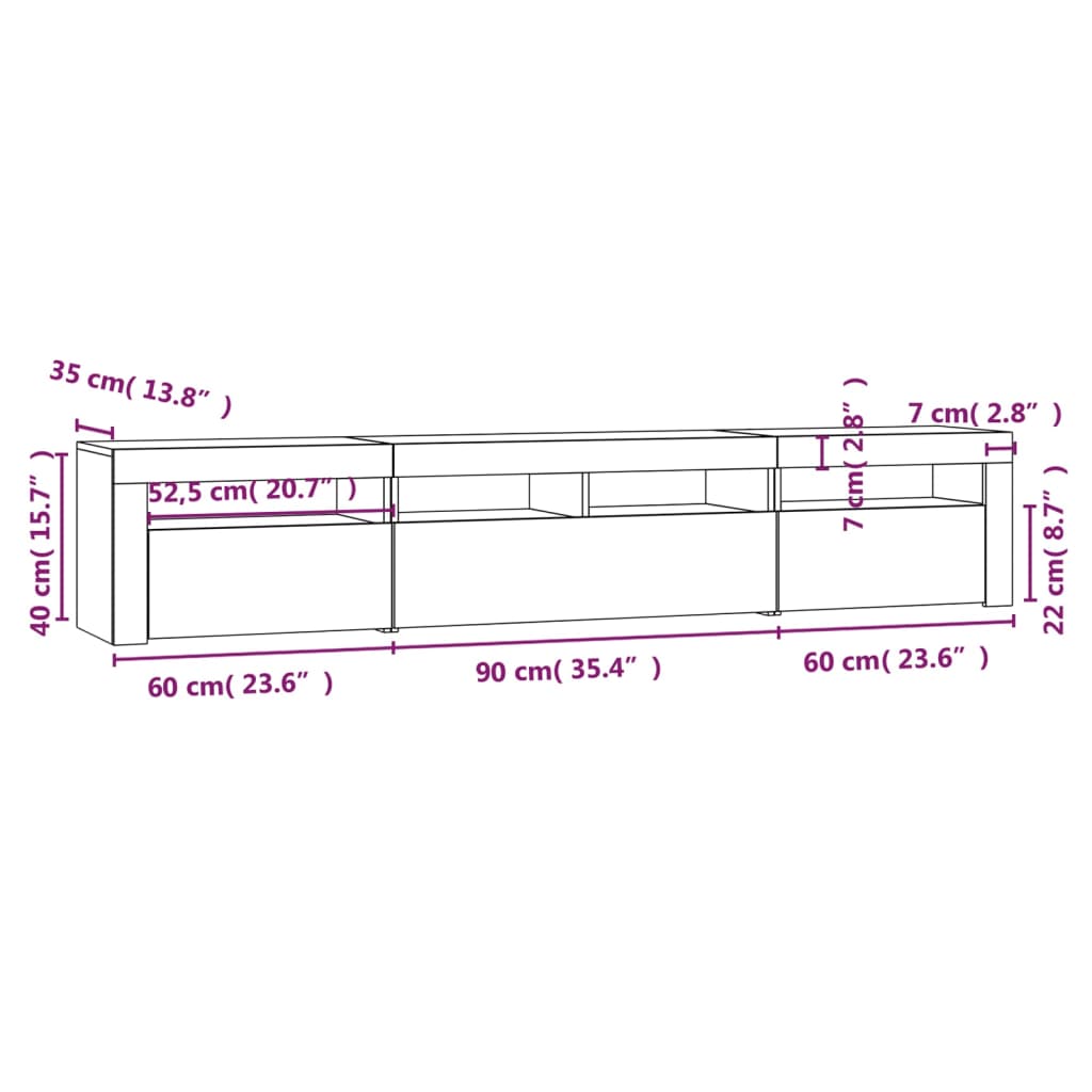 Betonszürke TV-szekrény LED lámpákkal 210x35x40 cm 12