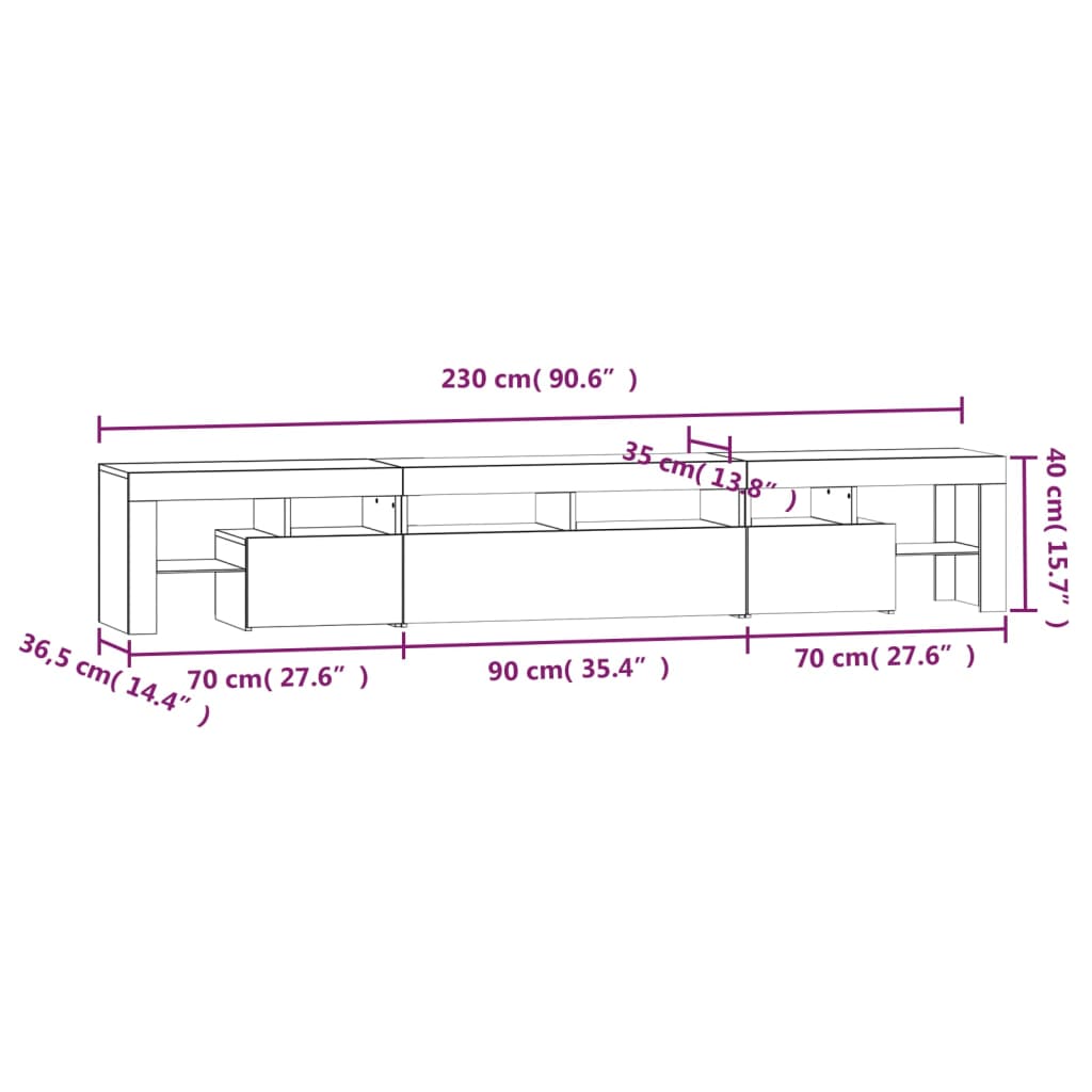 Betonszürke TV-szekrény LED lámpákkal 230x36,5x40 cm 16